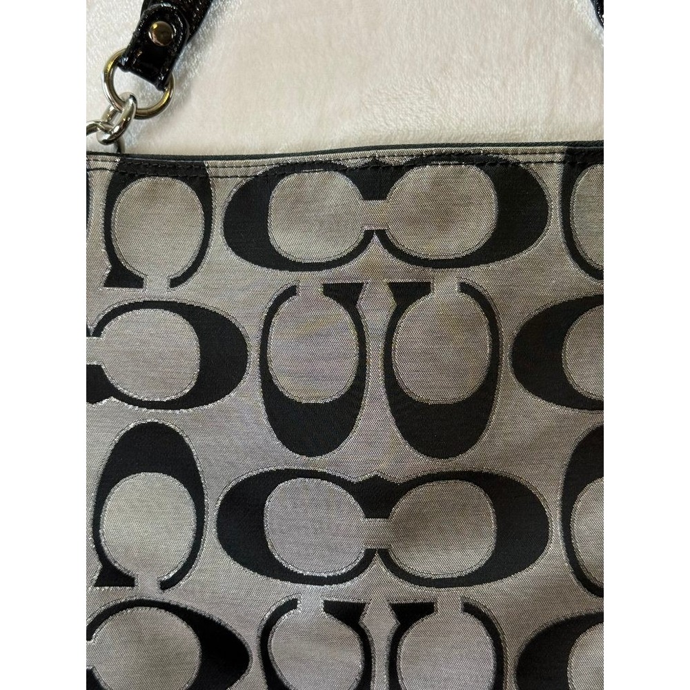 Coach Poppy Signature Sateen Metallic Shoulder Bag Black Silver Zip Tote Purse - Picture 2 of 12